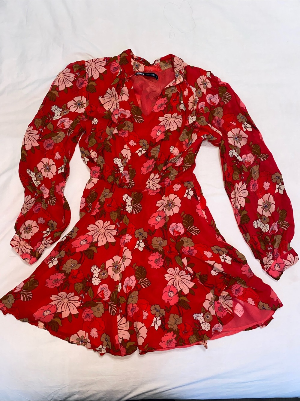 Zara Red Floral Long-Sleeve Mini Dress